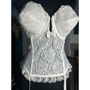 Vintage Jezebel white lace longline bustier Corset Top garter straps 36D Elegant